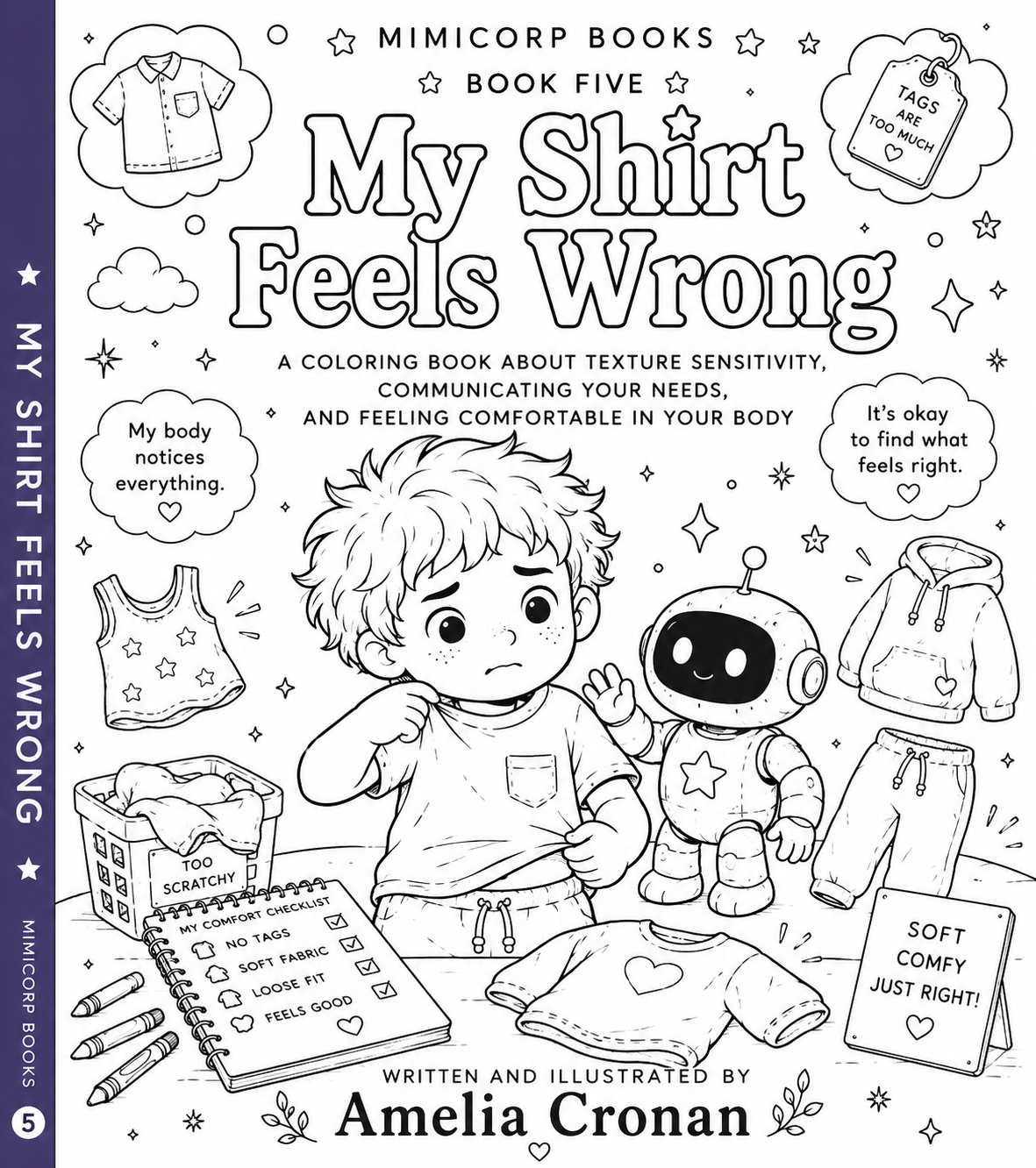 Black and white coloring book cover of My Shirt Feels Wrong by Amelia Cronan
